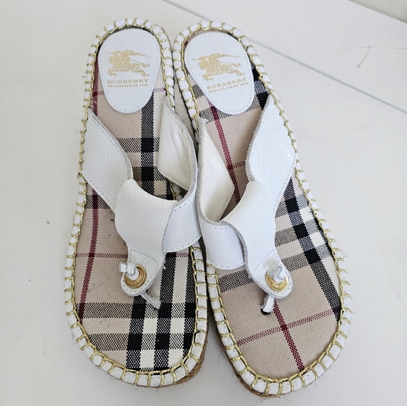 Burberry Nova Check Plaid White Leather Thong Espadrille Wedge Sandals. Size 40 - Picture 2 of 12